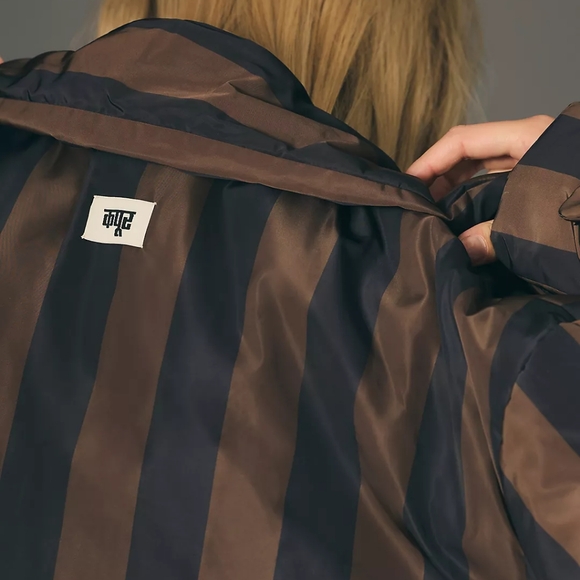 Anthropologie striped puffer blanket coat L black brown - Picture 2 of 5